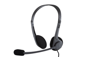 Headset HE2b, é um headphone com microfone nas cores preta e cinza.