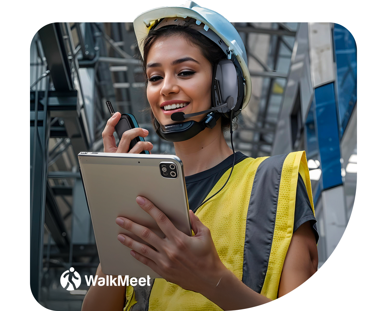 Mulher sorridente vestida com EPIs em uma fábrica segura tablet enquanto fala em radiocomunicador e headset concha WalkMeet.