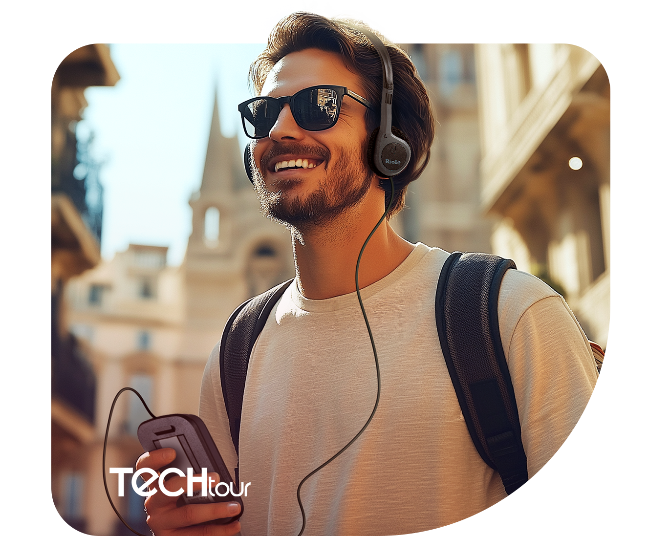 Homem ouve guia turístico em rádio receptor e headphone Techtour. Logo Techtour, produto da Riole, no canto inferior esquerdo.