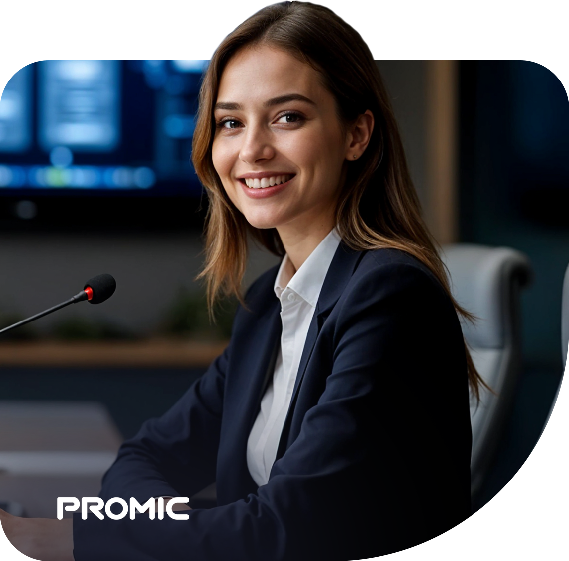 Mulher em sala de reunião com microfone gooseneck Promic à sua frente e painel LED ao fundo. Logo Promic no canto esquerdo.