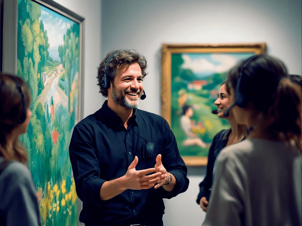 Guia de museu com headset e microfone explicando entusiasticamente uma obra de arte para visitantes em uma galeria de arte.