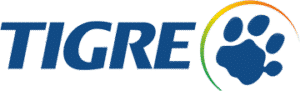 Logotipo da Tigre com nome em azul. À direita, há uma pata azul envolta por semicírculo colorido. Tigre é cliente da Riole.