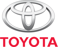 Logo da Toyota com três elipses prateadas entrelaçadas acima do nome da marca, destacado em vermelho. Toyota é cliente Riole.