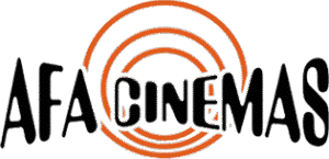 Logo da AFA Cinemas com nome em preto e três círculos laranja, um dentro do outro, centralizados ao fundo. Cliente Riole.