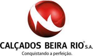 Logo da Calçados Beira Rio com nome da marca, slogan 'Conquistando a perfeição' e esfera vermelha e branca. Cliente da Riole.