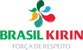 Logo da Brasil Kirin com nome em verde e vermelho, slogan 'Força de Respeito' e símbolo de gotas coloridas. Cliente da Riole.