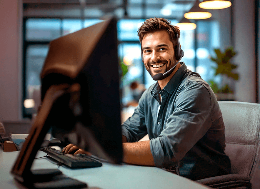 Homem sorridente usando headset RIole sentado em frente a um computador, em um ambiente de escritório moderno. No canto superior esquerdo, aparece a mensagem: 'Instituições públicas e privadas de todo o país já utilizam o Promic.