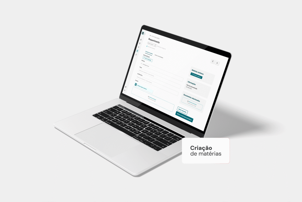 Tela de notebook mostrando a criação de matérias no Promic Legis