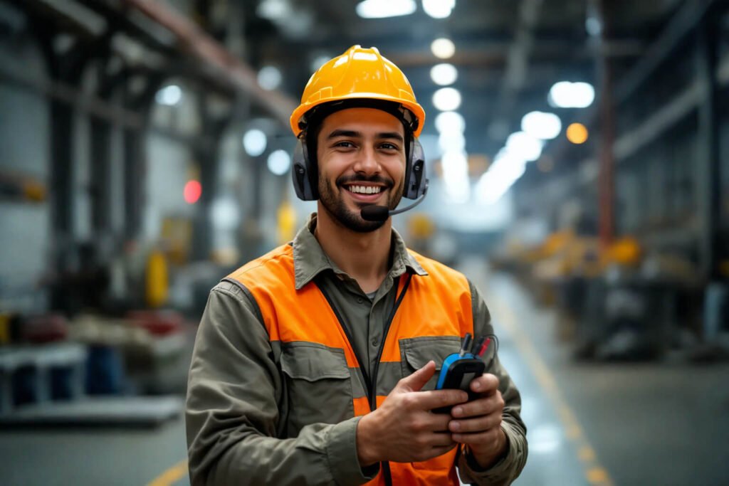 Operário industrial sorridente usando capacete amarelo, colete de segurança laranja e headset, enquanto segura um rádio comunicador no interior de uma fábrica.