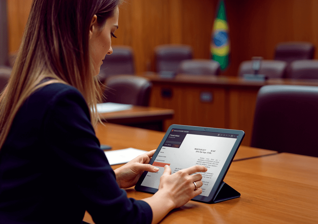 mulher lendo um documento em um tablet durante uma reunião plenária