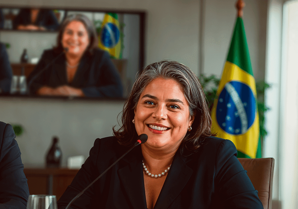 Mulher falando em uma sessão plenária e ao fundo sua imagem é transmitida no painel eletronico