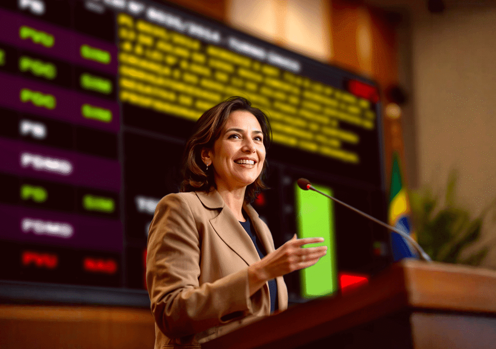 Mulher em reunião plenária com um grande painel eletronico atrás