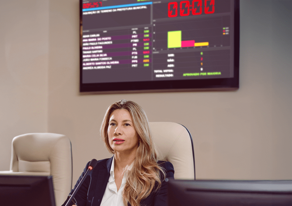 Mulher sentada no centro e com computadores a sua frente. Atrás dela tem posicionado um painel com uma votação durante uma sessão plenária