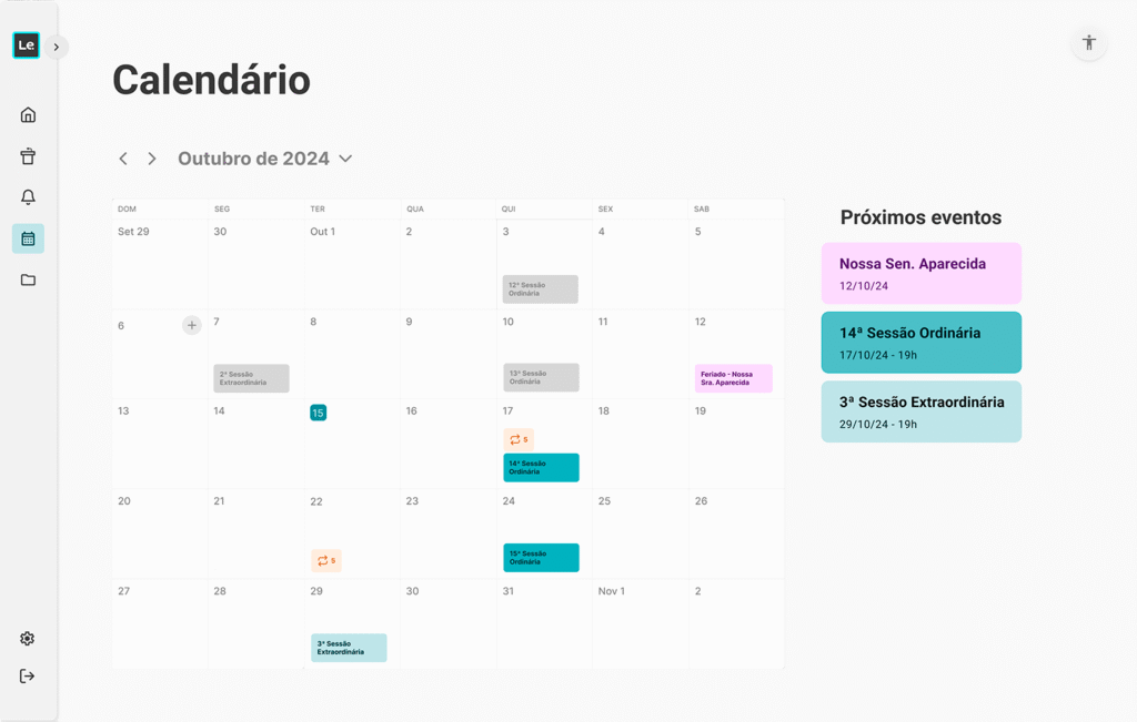 Calendário de eventos dentro do Promic Legis