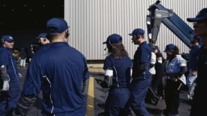 Grupo em visita na fábrica caminha pela área externa usando headset HE2B e transceptor DGVA WalkMeet, da Riole.