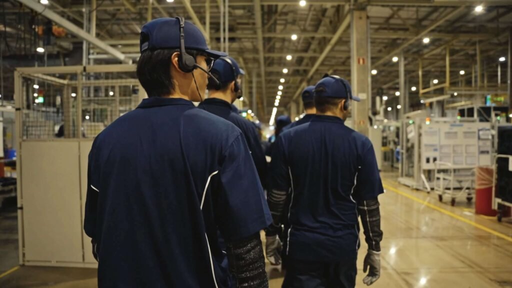 Grupo de pessoas participa de visitas guiadas na fábrica da Hyundai. Todos usam headset HE2B e transceptor DGVA Riole.
