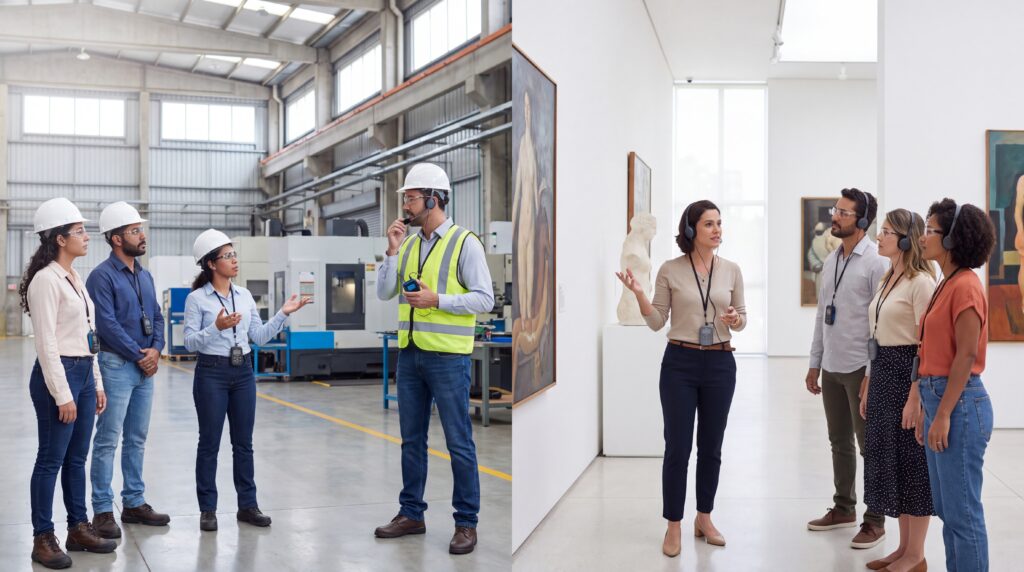 Comparação entre WalkMeet em visita industrial e TechTour em visita guiada