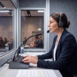 Intérprete realizando tradução simultânea em cabine acústica durante conferência.